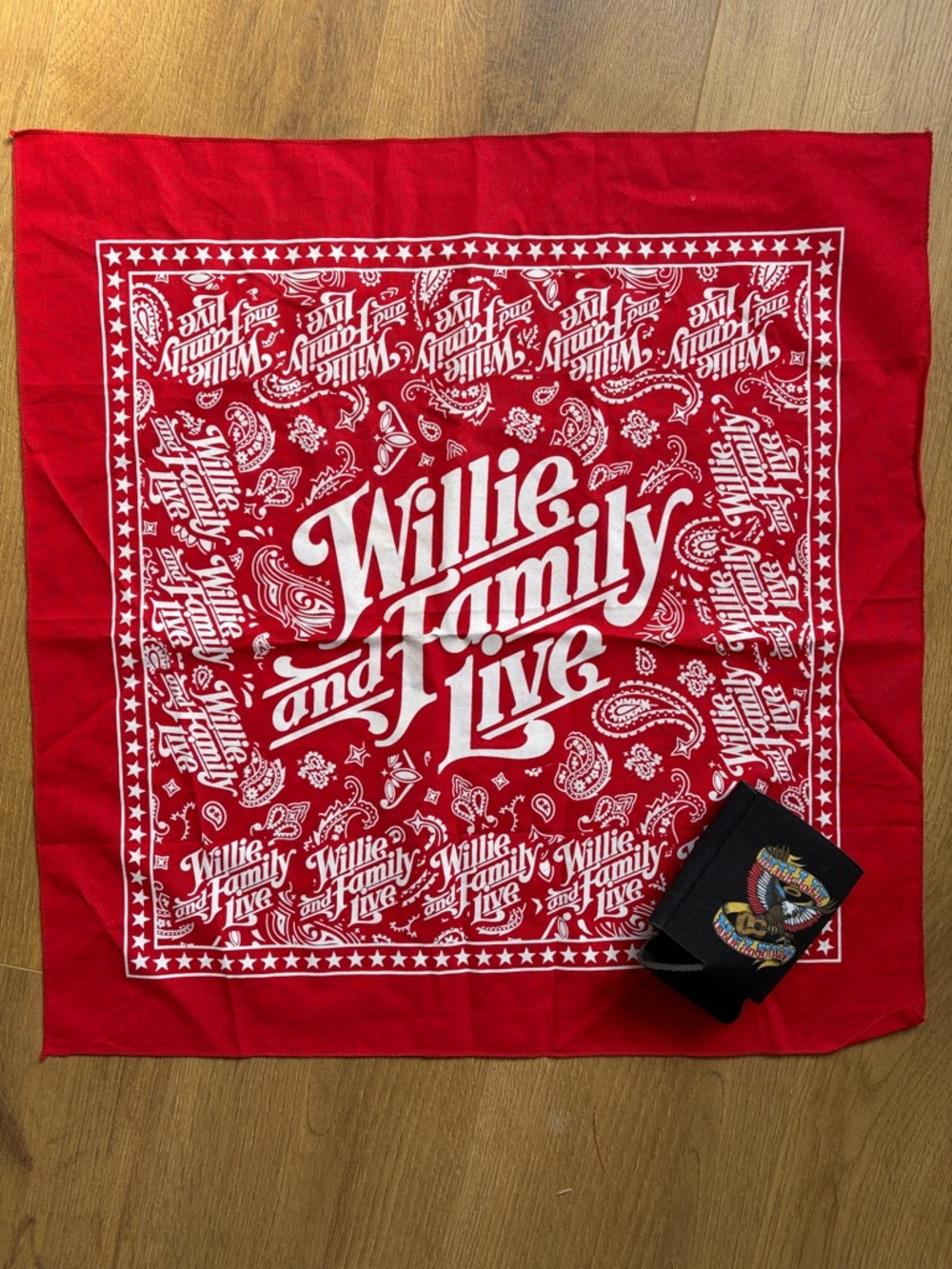 Willie and Family Live Red Bandana - Branded Graphic Square Scarf and drink cozy